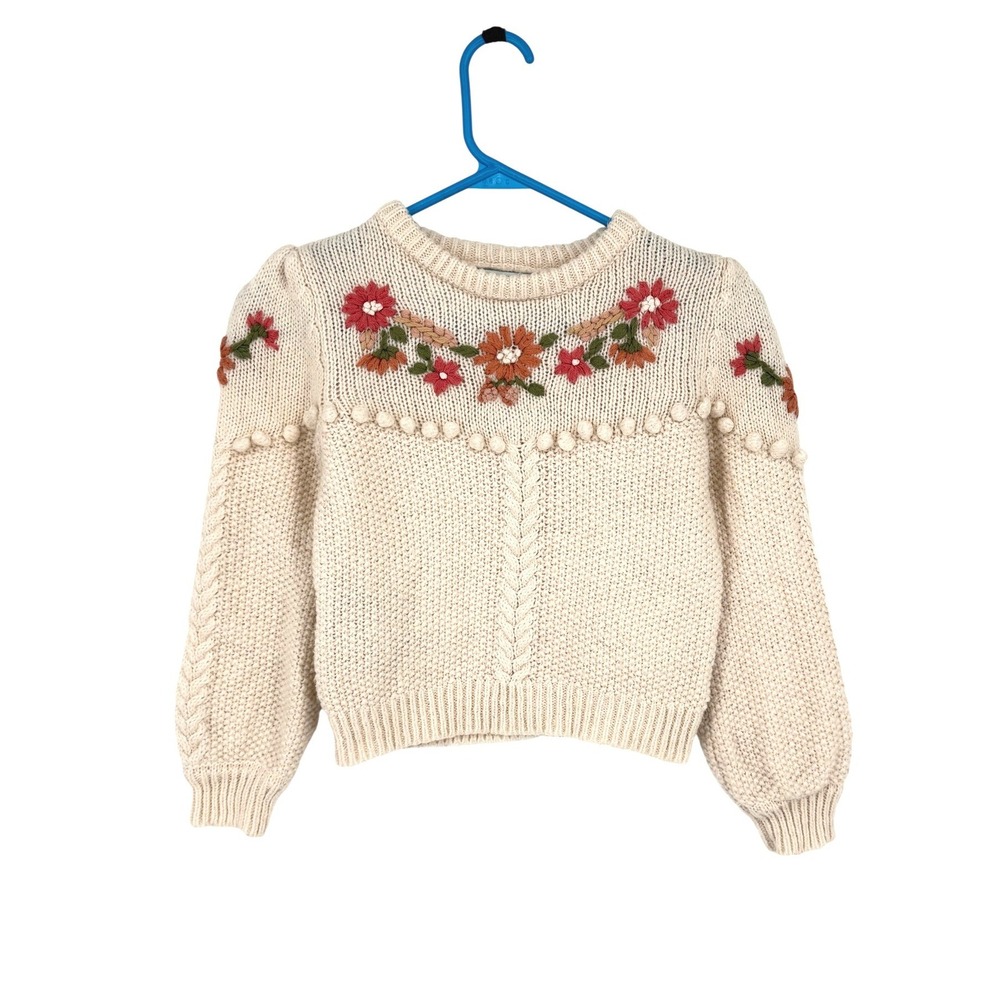 Abel & Lula Girls Cream Floral Embroidered Pom Pom Knit‎ Sweater Jumper Size 8